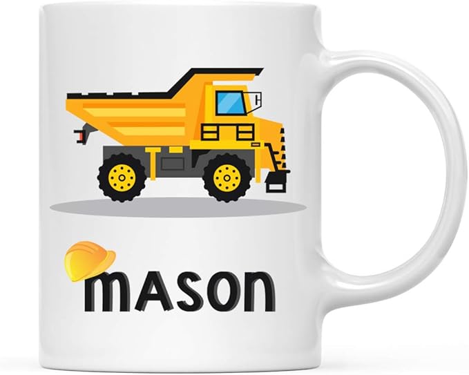Andaz Press Personalized 11oz. Kids Hot Chocolate Mug, Yellow Construction Truck Dump Truck, 1-Pack, Custom Child’s Birthday Christmas Coffee Cup