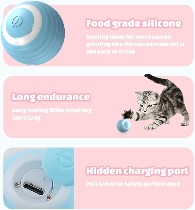 Interactive Cat Ball Toy, 2025 Upgrade Rechargeable Cat Toy Smart Rolling Cats Balls with LED Lights, Automatic Self Moving Ball Electric Rotating Self-Rolling Smart Moving Balls (Blue)