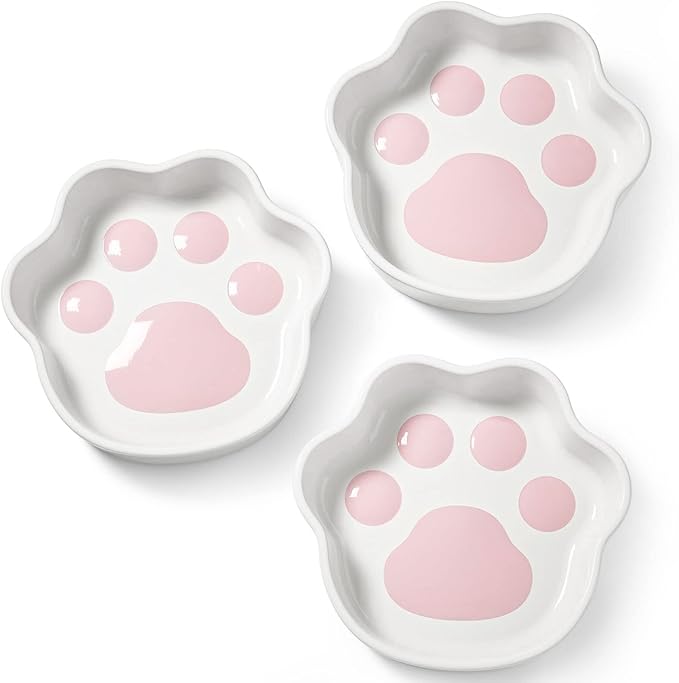 LE TAUCI Cat Food Bowl Ceramic, 8 oz Small Shallow for Indoor Kitten,Relief Whisker Fatigue Cute Paw Design Pet Dish with Slow Feed Function