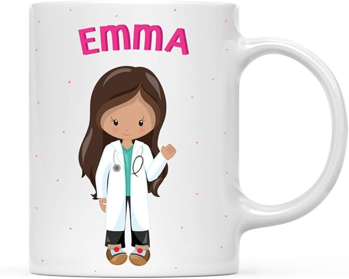 Andaz Press Personalized 11oz. Kids Milk Hot Chocolate Mug, Brown Haired Girl Doctor, 1-Pack, Custom Child’s Birthday Christmas Coffee Cup