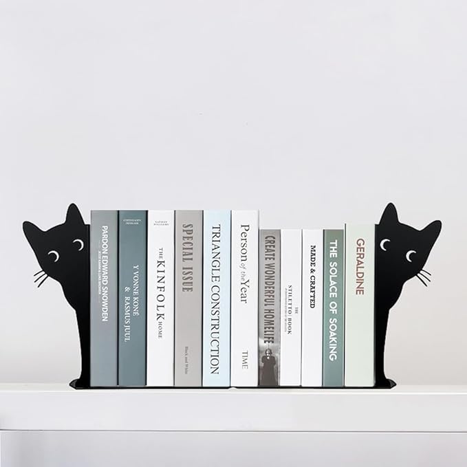 2 Sets Peeping Cat Bookends,Metal Cat Book Ends for Heavy Books for Shelves Decorative,Bookshelf Decor Home Office Desk for Cat Lover Gifts Black (Cat 2PCS)