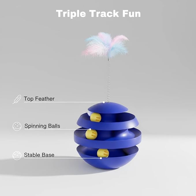 Cat Toys for Indoor Cats, Interactive Cat Toy Ball Track with Feather Sticks, 3 Spinning Balls, Wobble Rotating Tumbler Base for Bored Indoor Adult Cats to Play Alone, Reduce Anxiety(Blue).