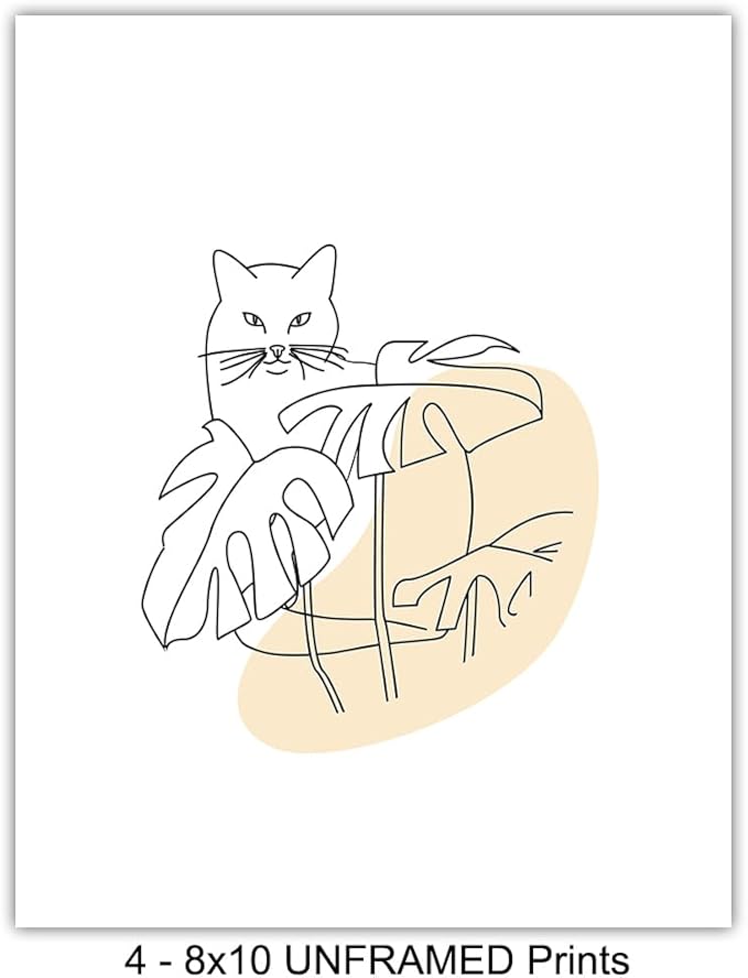 Mid-Century Modern Wall Art - Cat Wall Decor - Cat Lover Gifts for Women - Abstract Minimalist Collage Posters - Aesthetic Line Art Room Decor - Matisse Picasso Impressionists Gallery Artwork