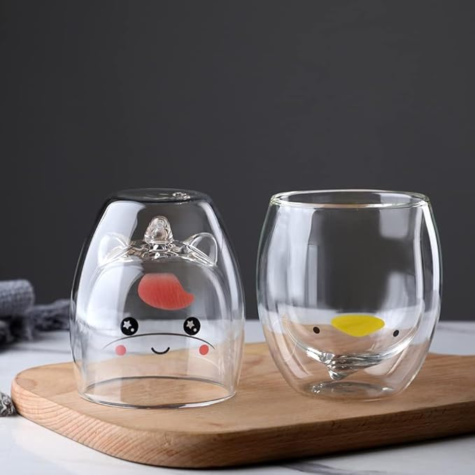 Binoster Duck Mug Cute Mugs Glass Double Wall Insulated Glass Espresso Cup, Coffee Cup, Tea Cup, Milk Cup,Kawaii Gift for Office and Personal Birthday Christmas (Duck)