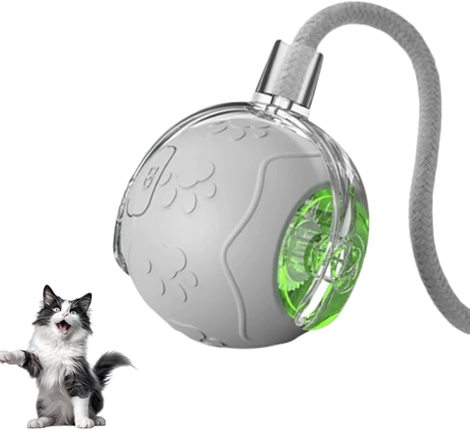 Interactive Cat Toy Balls, 2025 New Interactive Rolling Cat Balls, Upgrade 3.0 Tail Cat‘s Toys with LED Light, Three Modes Smart Automatic Rolling Pet Ball Toy (Grey（Rope Style）)