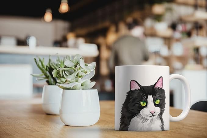 MUGBREW Black White Tuxedo Cat Vector Portrait Ceramic Coffee Mug Tea Cup, 11 OZ