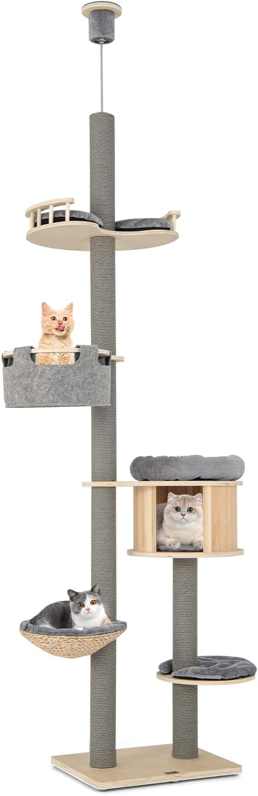 Tangkula Floor to Ceiling Cat Tree, 5 Tier Tall Cat Tower with Adjustable Height (100-110 Inch) for Large Cats, Wood Cat Climbing Pole with Cat Condo, Scratching Post, Cattail Basket Bed, Hammock