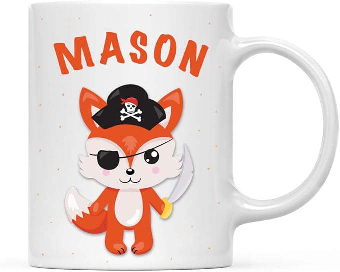 Andaz Press Personalized 11oz. Kids Milk Hot Chocolate Mug, Fox with Pirate Black Hat, 1-Pack, Custom Child’s Birthday Christmas Coffee Cup