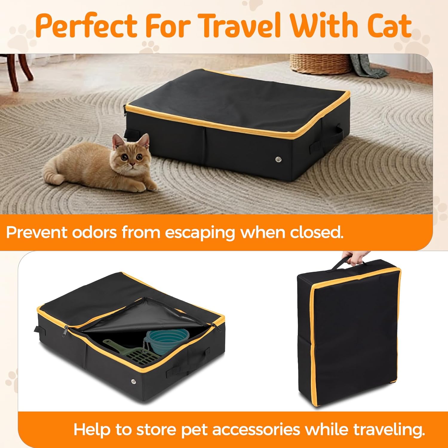 Travel Litter Box for Cats with High Side, Portable Kitty Litter Travel Box with Collapsible Baffle Waterproof Scratch-Proof Kitty Litter Pan for Car, Road Trip, Hotel