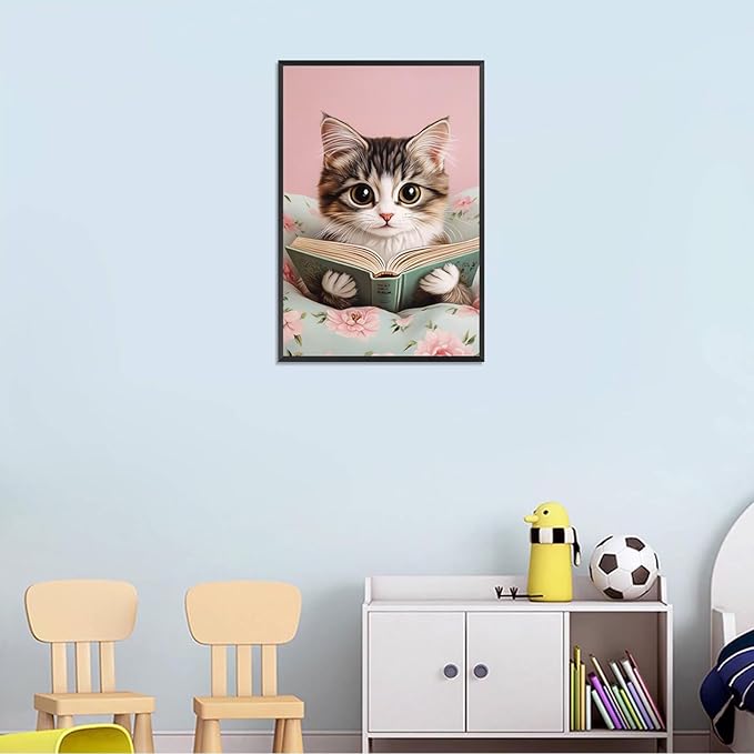 Trendy Cat Reading In Bed Canvas Wall Art Funny Pink Flower Animal Poster Funky Cat Lovers Monet Minimalist Prints Painting For Home Bedroom Kids Room Dorm Wall Decor 16x24in Framed