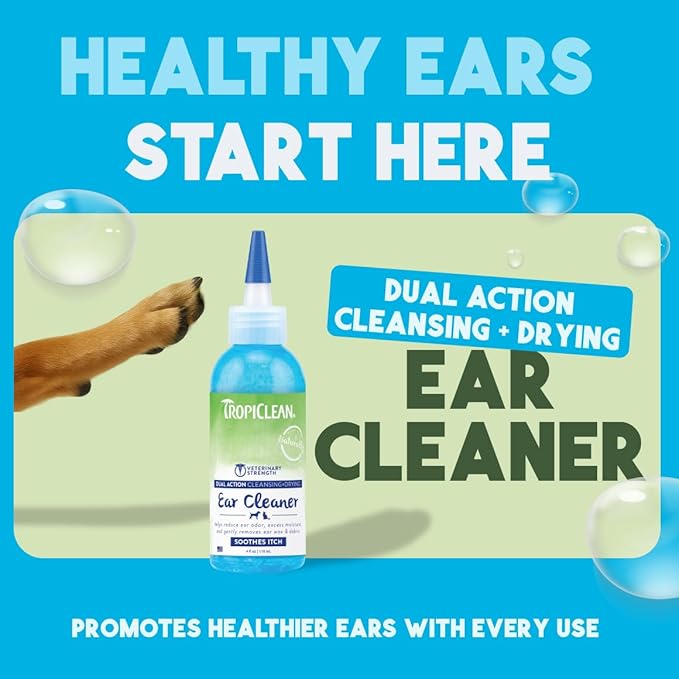 TropiClean Dog Ear Cleaner, Vet Recommended Ear Cleaning Solution for Itch Relief, Daily Use Drops Prevent Infection, Cat Safe, USA Made, 4oz