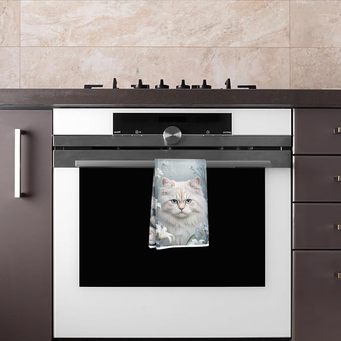 Cute White Cat Kitchen Towels, Aesthetic Flower Decorative Absorbent Microfiber Dish Cloth Tea Towel, Waffle Soft Hand Towels for Farmhouse Home Bathroom Kitchen Decor, Cat Lover Gifts
