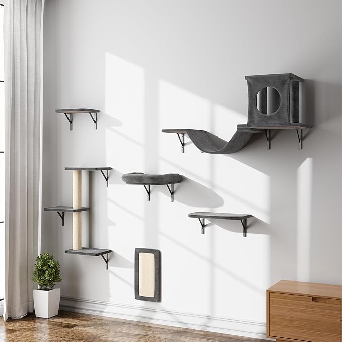 6-in-1 Cat Wall Shelves, Wall Mounted Cat Climber with Condo House, Scratching Post, Bridge Ladder, Space-Saving Indoor Play Furniture for Kittens, Dark Grey