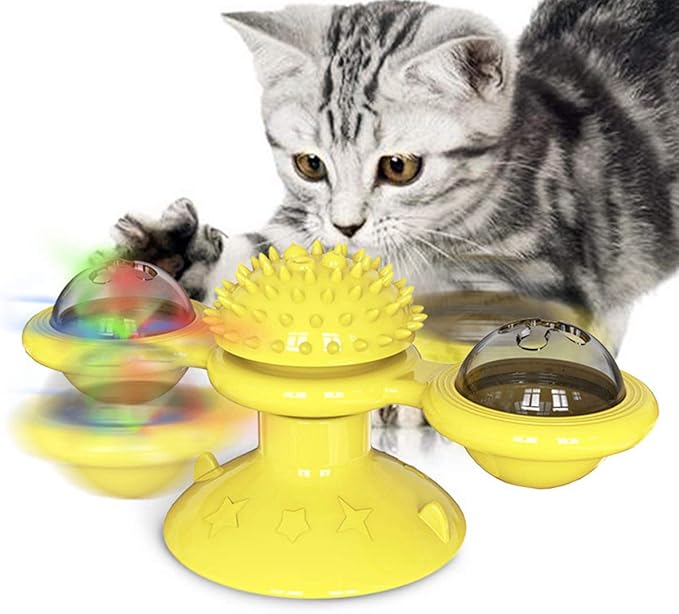 Interactive Windmill Cat Toys with Catnip : Cat Toys for Indoor Cats Funny Kitten Toys with LED Light Ball Suction Cup‖Cat Nip Toy for Cat chew Exercise (Yellow)