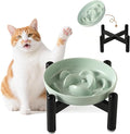 Elevated Slow Feeder Cat Bowl - Melamine Cat Food Plate with Anti-Slip Metal Stand - Raised Maze Dish for Slow Eating - Mint Green