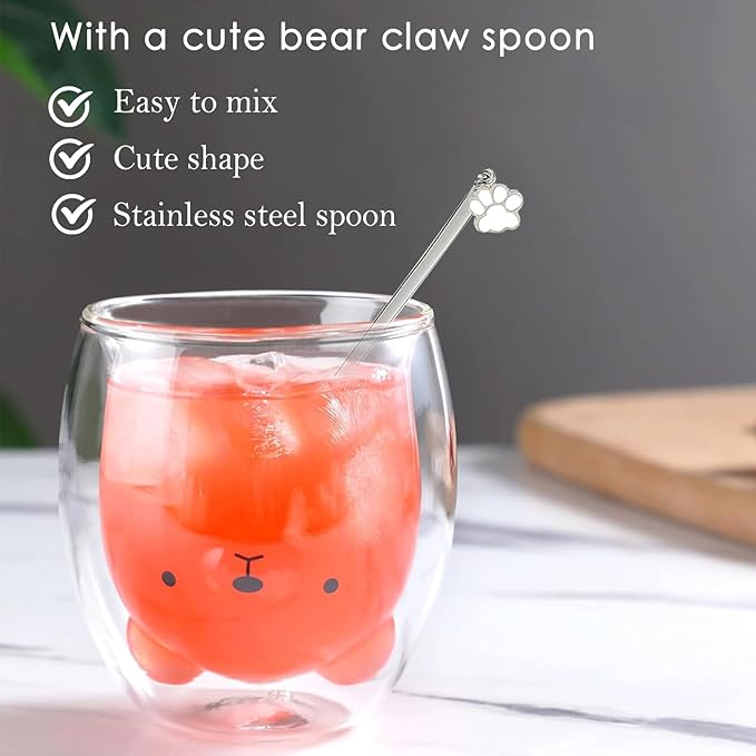 Binoster Bear Cute Mugs Kawaii Double Wall Glass Coffee Tea Mill Yogurt Cup Funny Novelty Gift for Women Her Friends Office Birthday Christmas