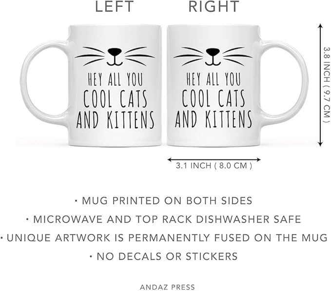 Andaz Press Funny Cat Lover 11oz. Ceramic Coffee Tea Mug, Hey All You Cool Cats And Kittens, 1-Pack, for Cat Mom, Birthday Christmas Ideas, Includes Box