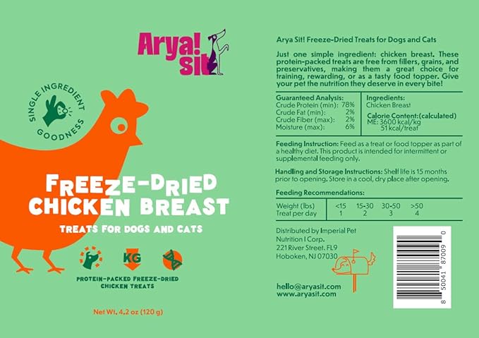 Arya Sit! - Freeze-Dried Single Ingredient Treats (Chicken Breast) for Dogs and Cats - Lean Protein · Grain‑Free & Low‑Calorie · Great for Sensitive Tummies & Weight Control