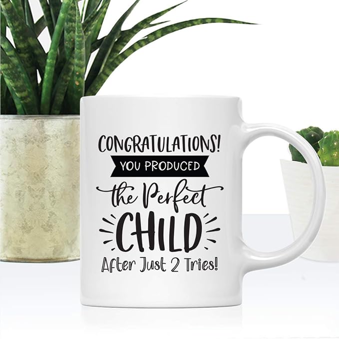 Andaz Press Mother's Day 11oz. Ceramic Coffee Tea Mug Gift for Mom, Congratulations! You Produced the Perfect Child After Just 2 Tries!, 1-Pack, Birthday Christmas Gift Ideas