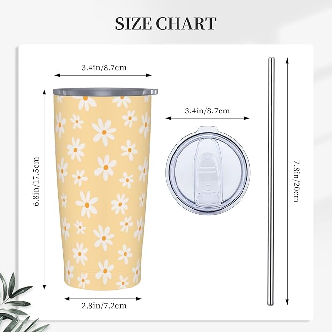 Daisy Tumbler 20oz Floral Stainless Steel Insulated Tumblers with Lid and Straw Yellow Travel Coffee Mug Tea Wine Cups Water Bottle Daisy Gifts for Women