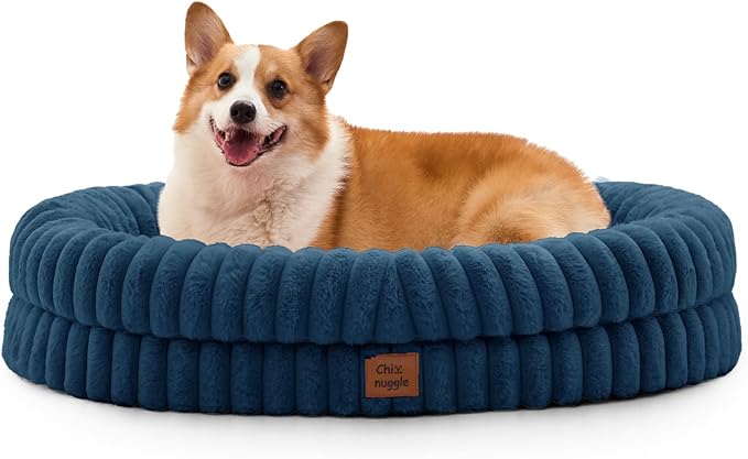 ChiXnuggle Dog Bed Large Sized Dog - Luxury Striped Faux Fur Waterproof Pet Couch with Removable Washable Cover, Orthopedic Pet Bed with Bolster Sides for Sleeping, Midnight Blue
