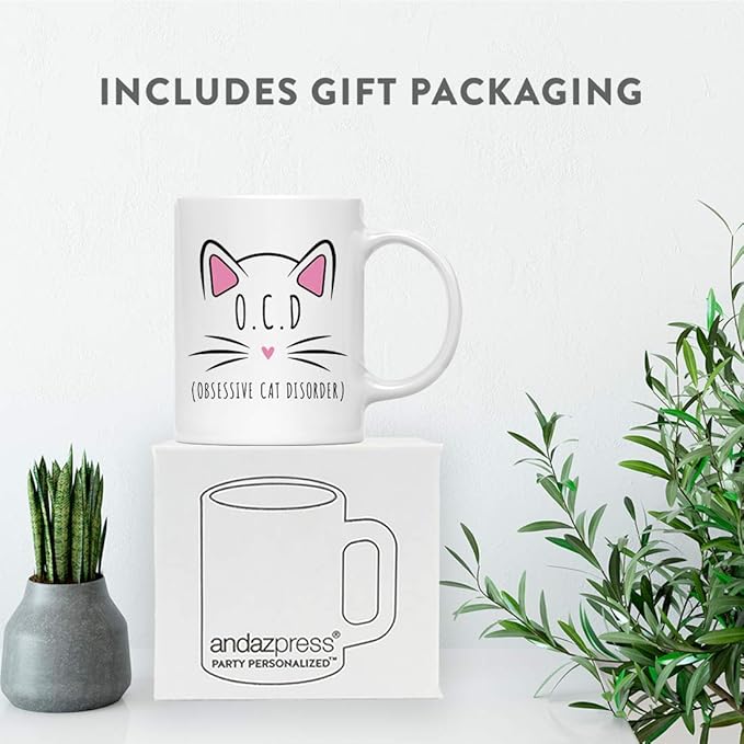 Andaz Press Funny Cat Lover 11oz. Ceramic Coffee Tea Mug, O.C.D. Obsessive Cat Disorder, 1-Pack, for Cat Mom, Birthday Christmas Ideas, Includes Box