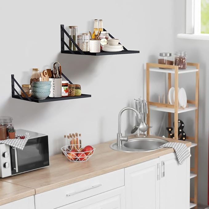 Tectocker-DOU 2 Pc Deep Floating Shelves ; 12 Inch Deep Wall Mounted Hanging Shelves for Living Room, Kitchen, Office, Bathroom and Bedroom Decor; Storage and Display Shelf Set (Black)