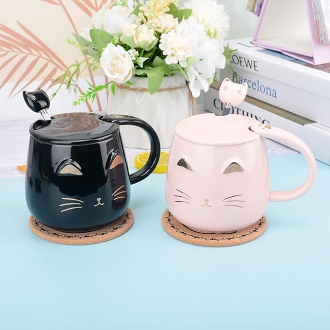 Pink Ceramic Coffee mug Cute Cat Handmade Tea Cups with Stainless Steel Spoon Kitty Cup Unique Hot chocolate Novelty mugs Christmas Birthday for Girls Women (Black)