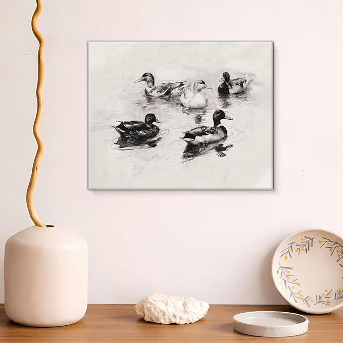 Vintage Mallard Ducks Canvas Wall Art Country Duck Sketch Print Painting Cottagecore Wall Decor for Farmhouse Home Living Room 8x10 Inches Framed