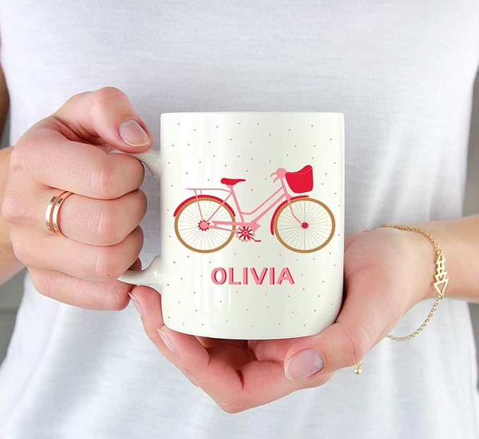 Andaz Press Personalized 11oz. Kids Hot Chocolate Mug, Pink and Red Bike, 1-Pack, Custom Child’s Bicycle Birthday Christmas Coffee Cup