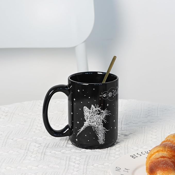 16 oz Black Kitty Coffee Mug for Cat Lovers - Gift for Women, Mom, Friends, Coworker, Men, Dad - Goth Ceramic Tea Cup for Christmas,Halloween, Witchy Present