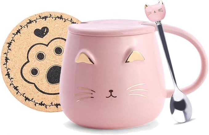 Pink Ceramic Coffee mug Cute Cat Handmade Tea Cups with Stainless Steel Spoon Kitty Cup Unique Hot chocolate Novelty mugs Christmas Birthday for Girls Women (Pink)
