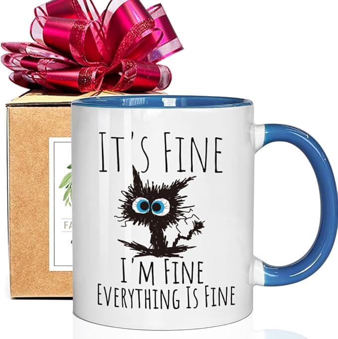 FALJIOK Funny Cat Coffee Mug Gifts for Cats Lover, It's Fine I'm Fine Everything Is Fines Coffee Mug 11oz, Novelty Mugs Gift for Women Man, Cats Lover Birthday Christmas Gifts (blue cat)