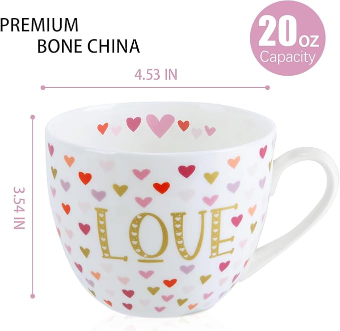 LOVE Heart Coffee Mug - 20 oz Bone China Mugs with Gold LOVE Design and Colorful Hearts, Perfect Gifts for Mom Women Mothers Day, Designed in England by Harvest Green Studio