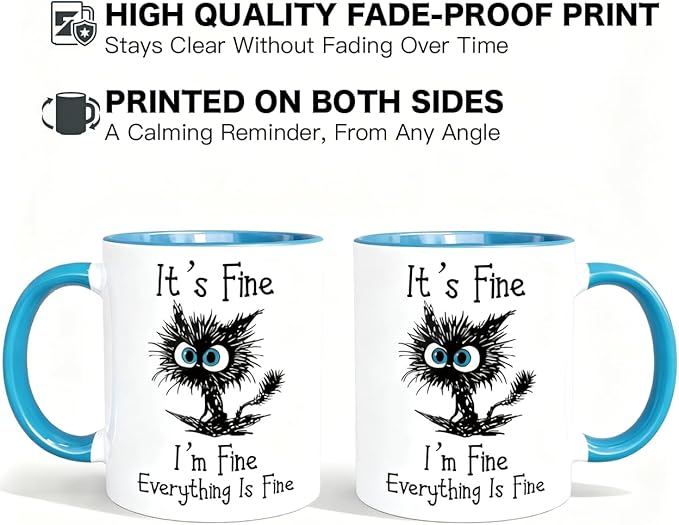 𝗙𝗨𝗡𝗡𝗬 𝗖𝗔𝗧 𝗖𝗢𝗙𝗙𝗘𝗘 𝗠𝗨𝗚 — “Everything Is Fine” Black Cat Mug, 11oz Sarcastic Funny Coffee Mug for Cat Lovers, Women, Coworkers – Microwave & Dishwasher Safe