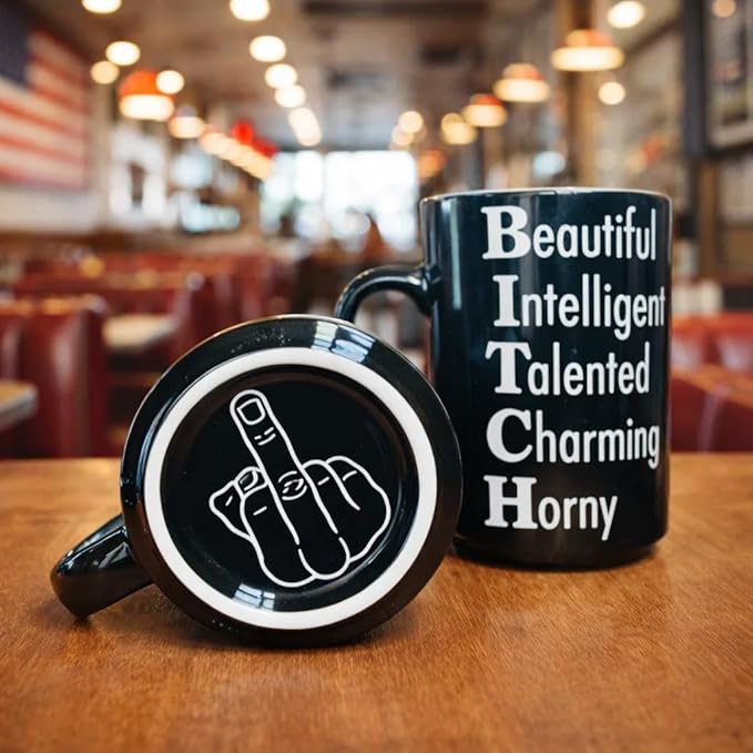 DongNaiWin Funny Coffee Mug for Women – Beautiful Intelligent Talented Charming Horny – Black Ceramic Cup with Finger Bottom, Sarcastic Novelty Gift for Best Friend, Sister, Coworker – 17 oz