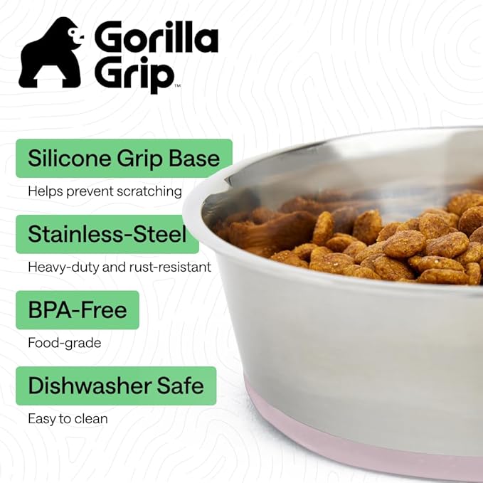GORILLA GRIP Dog Bowls, Food Grade 304 Stainless Steel, Holds 4 Cups Each (32 fl oz) Food and Water Bowl for Feeding Dogs and Cats, Dishwasher Safe, Rust Resistant, BPA Free Rubber Base Set of 2 Pink