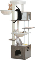 PAWZ Road Large Cat Tree with Food Station, 74.8 Inches Wooden Tall Cat Tower with Extra Large Condos and Hammocks,Spacious Perch,Sisal and Steel Posts, Scratching Mat for Indoor Adult Cats-Gray