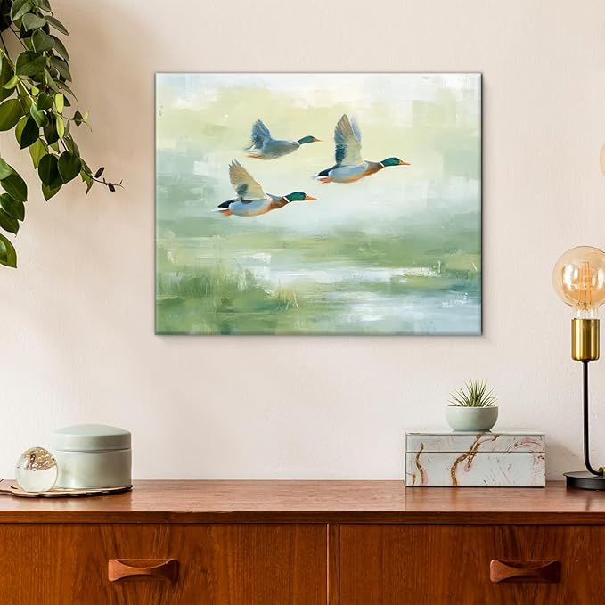 Vintage Mallard Duck Wall Art Decor Cottagecore Ducks Green Print Picture Rustic Wall Decor for Farmhouse Home Living Room 8x10 Inch Canvas Framed