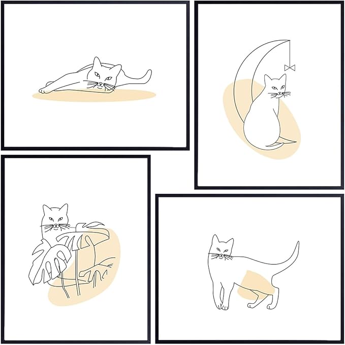 Mid-Century Modern Wall Art - Cat Wall Decor - Cat Lover Gifts for Women - Abstract Minimalist Collage Posters - Aesthetic Line Art Room Decor - Matisse Picasso Impressionists Gallery Artwork