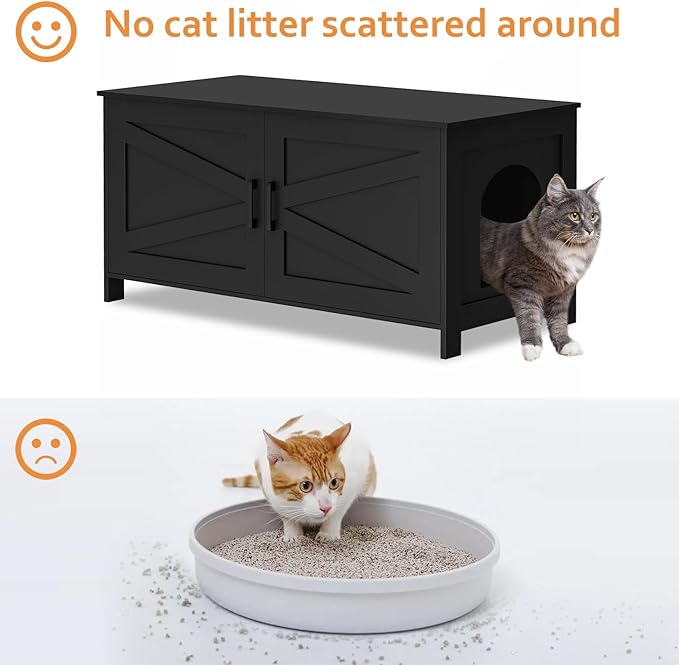 Homhedy 39.4" L Cat Litter Box Enclosure, Pet House with Barn Door, Wooden Cat Washroom Furniture,Fit Most of Litter Box, Black
