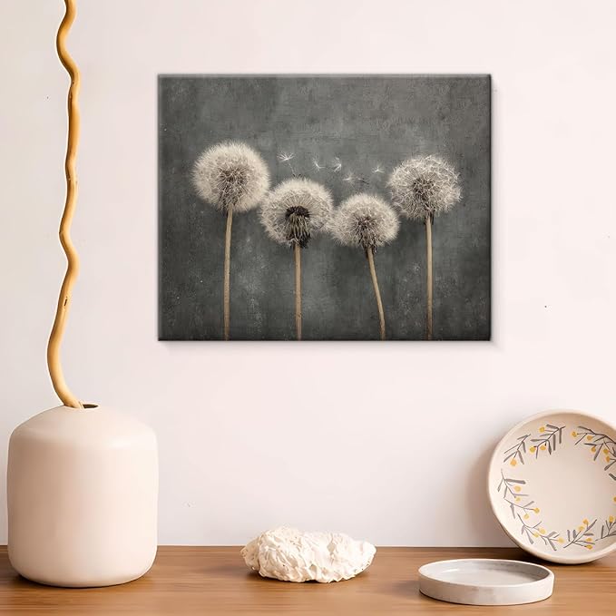Vintage Dandelion Canvas Wall Art Rustic Moody Floral Print Painting Dark Cottagecore Wall Decor for Home Farmhouse Living Room 8x10 Inches Framed