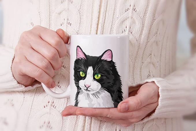 MUGBREW Black White Tuxedo Cat Vector Portrait Ceramic Coffee Mug Tea Cup, 11 OZ