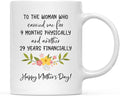 Andaz Press Mother's Day 11oz. Ceramic Coffee Tea Mug Gift for Mom, To the Woman Who Carried Me for 9 Months Physically, and Another 29 Financially, Happy Mother's Day!, 1-Pack