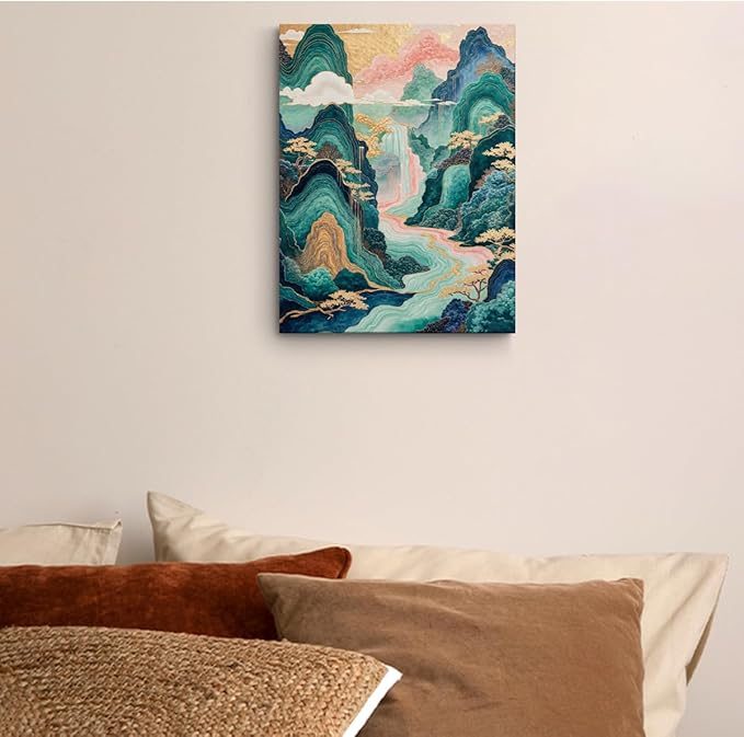 Waterfall Print Japanese Wall Art, Housewarming Gifts, Nature Landscape Framed Canvas Painting Room Decor, Vintage Aesthetic Painting for Living Room Entryway Office Bedroom Decoration 15x11.4 inch