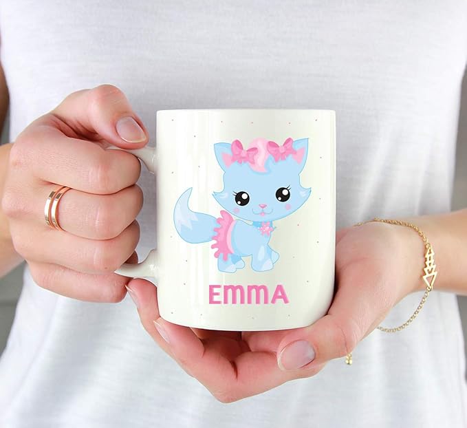 Andaz Press Personalized 11oz. Kids Milk Hot Chocolate Mug, Blue Cat with Pink Bow, 1-Pack, Custom Child’s Birthday Christmas Coffee Cup