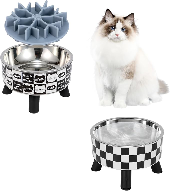 2PCS Elevated Cat Bowls with Slow Feeder, Wide Raised Stainless Steel Cat Dishes Plastic Stand Silicone Slow Food Dispenser, Whisker Friendly Pet Water Food Plates Feeding Station Indoor Cats, Kitten