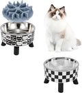 2PCS Elevated Cat Bowls with Slow Feeder, Wide Raised Stainless Steel Cat Dishes Plastic Stand Silicone Slow Food Dispenser, Whisker Friendly Pet Water Food Plates Feeding Station Indoor Cats, Kitten