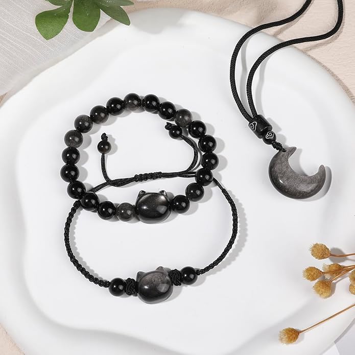 Black Obsidian Cat Bracelet and Moon Pendant Necklace Jewelry Set-Cat Lover Gifts,Wealth Attraction,Good Luck,Bead Bracelet,Mindfulness,Beaded Bracelets, Obsidian Pendant Necklace-Cute Gifts for Women