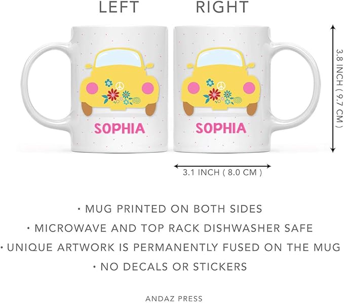 Andaz Press Personalized 11oz. Kids Hot Chocolate Mug, Hippie 1970s VW Yellow Bug, 1-Pack, Custom Child’s Birthday Christmas Coffee Cup